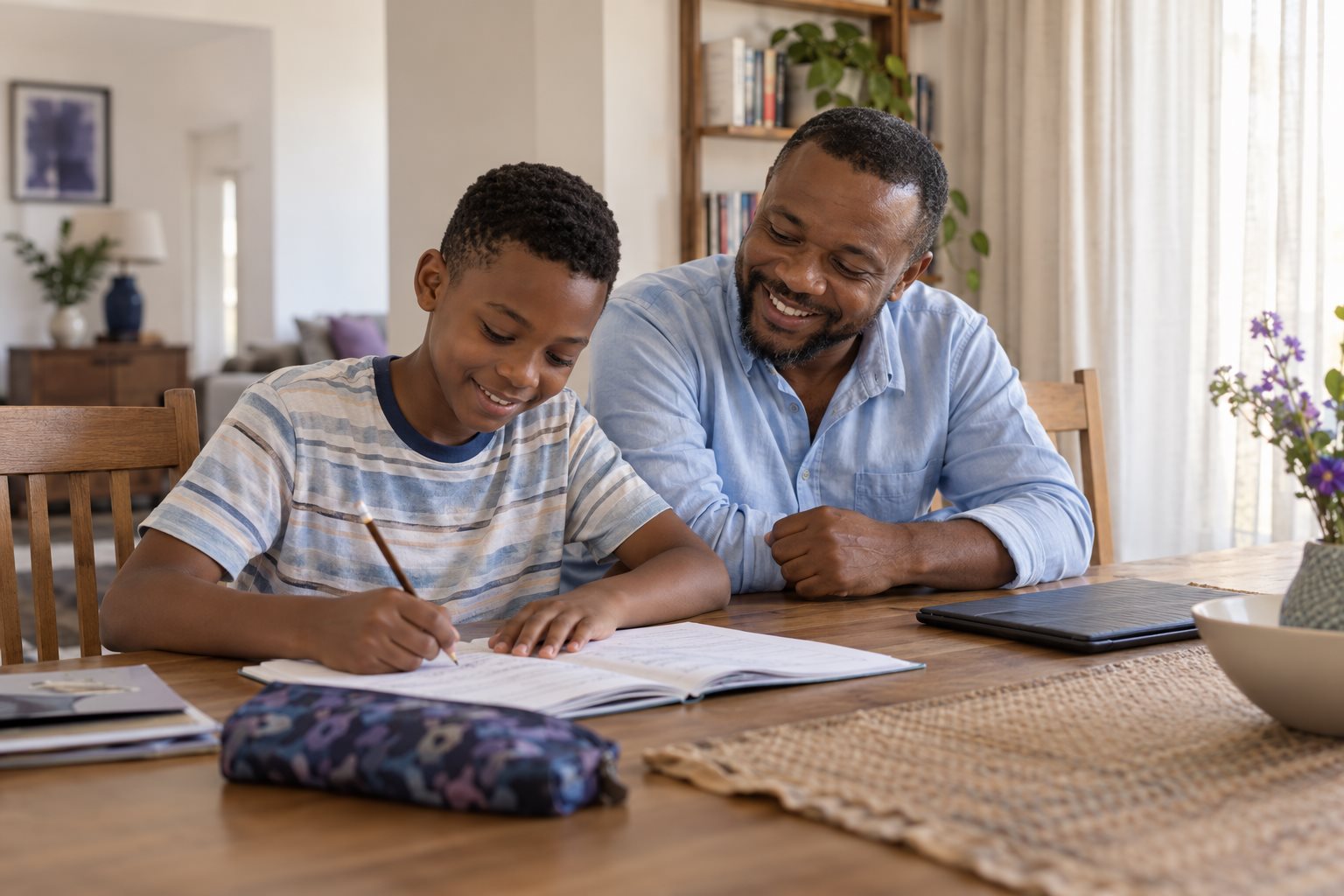 An African father encouraging his son as they work through homework together at home.